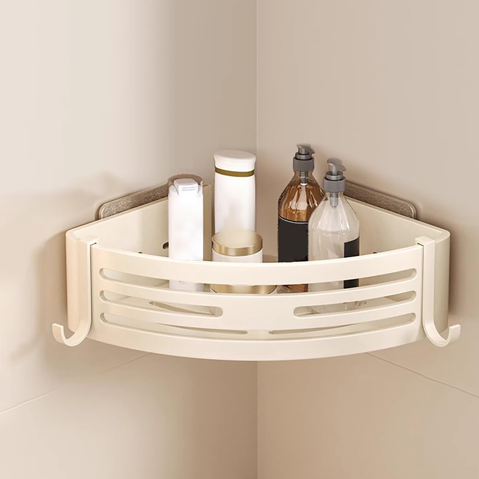 Estante esquinero de ducha adhesivo de gran capacidad, resistente al óxido y al agua, sin taladros, solución de almacenamiento extraíble de una sola capa para baño