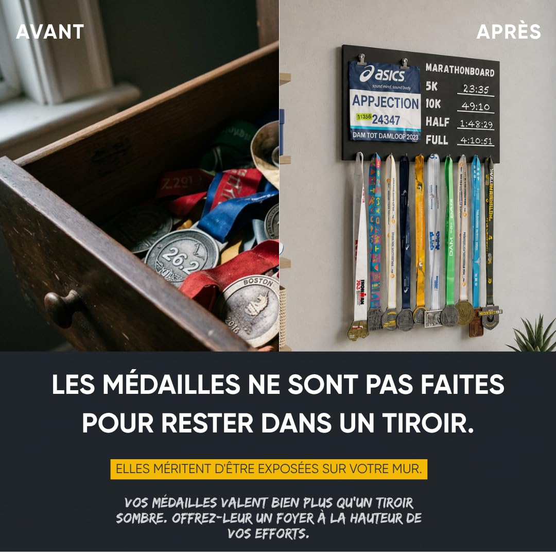Présentoir pour médailles de Coureur, Porte-Médailles pour Coureurs – Support pour Médailles de Course à Pied et Marathon – Kit de Montage et Craie Inclus