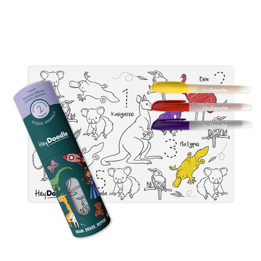 aussie animals mini – reusable silicone coloring mat for toddlers and kids – educational wildlife activity pad with 3 dry erase markers – mess-free travel toy – ages 3-7