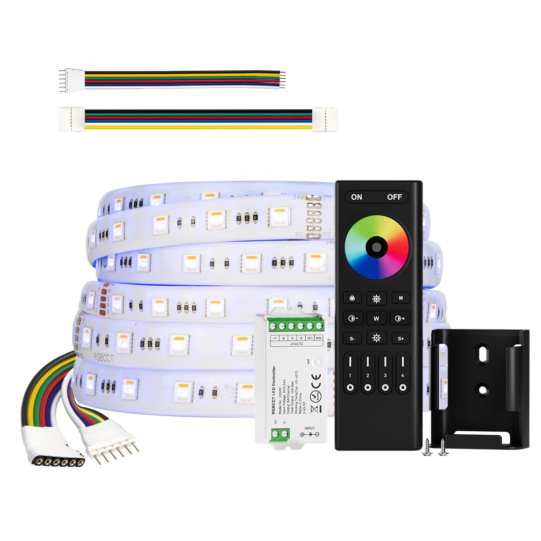 BTF-LIGHTING RGBCCT 5 Colors in 1 LED 5050SMD RGBWW RGB+Dimmable Color 2700K-6500K 16.4ft 60LEDs/m LED Lights IP65 DC24V, 4 Zones RF 2.4GHz Wireless Remote RC03RFB & C05RF Controller Kit (NO Adapter)
