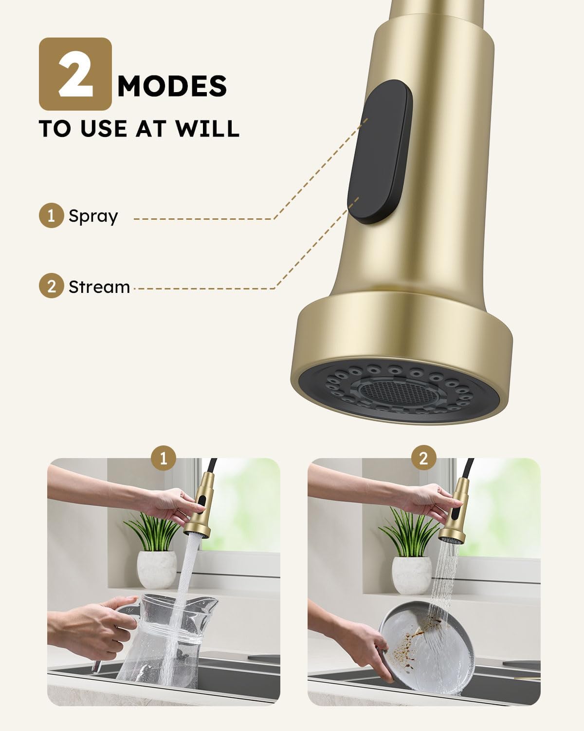 Arofa Kitchen Faucet with Pull Down Sprayer, Brushed Gold Kitchen Sink Faucet 1-3 Hole Single Handle High Arc Stainless Steel Commercial Modern Kitchen Faucets for RV/Laundry/Outdoor/Bathroom Sink