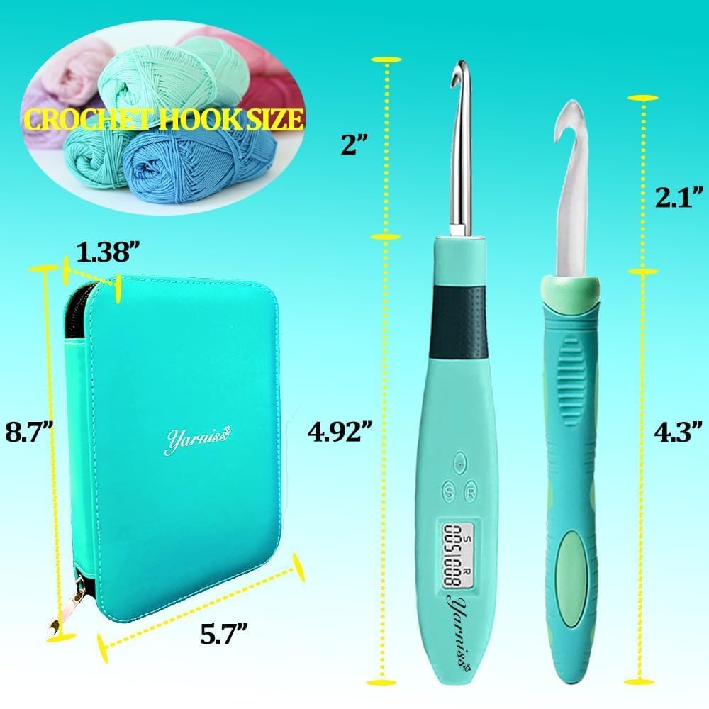 Yarniss Juego de ganchos de ganchillo de 18 tamaños con luz, contador digital con estuche (2.0 mm ~ 14.0 mm) | Gancho de ganchillo digital con cabeza de metal, brilla en la oscuridad mejor para ganchillo nocturno