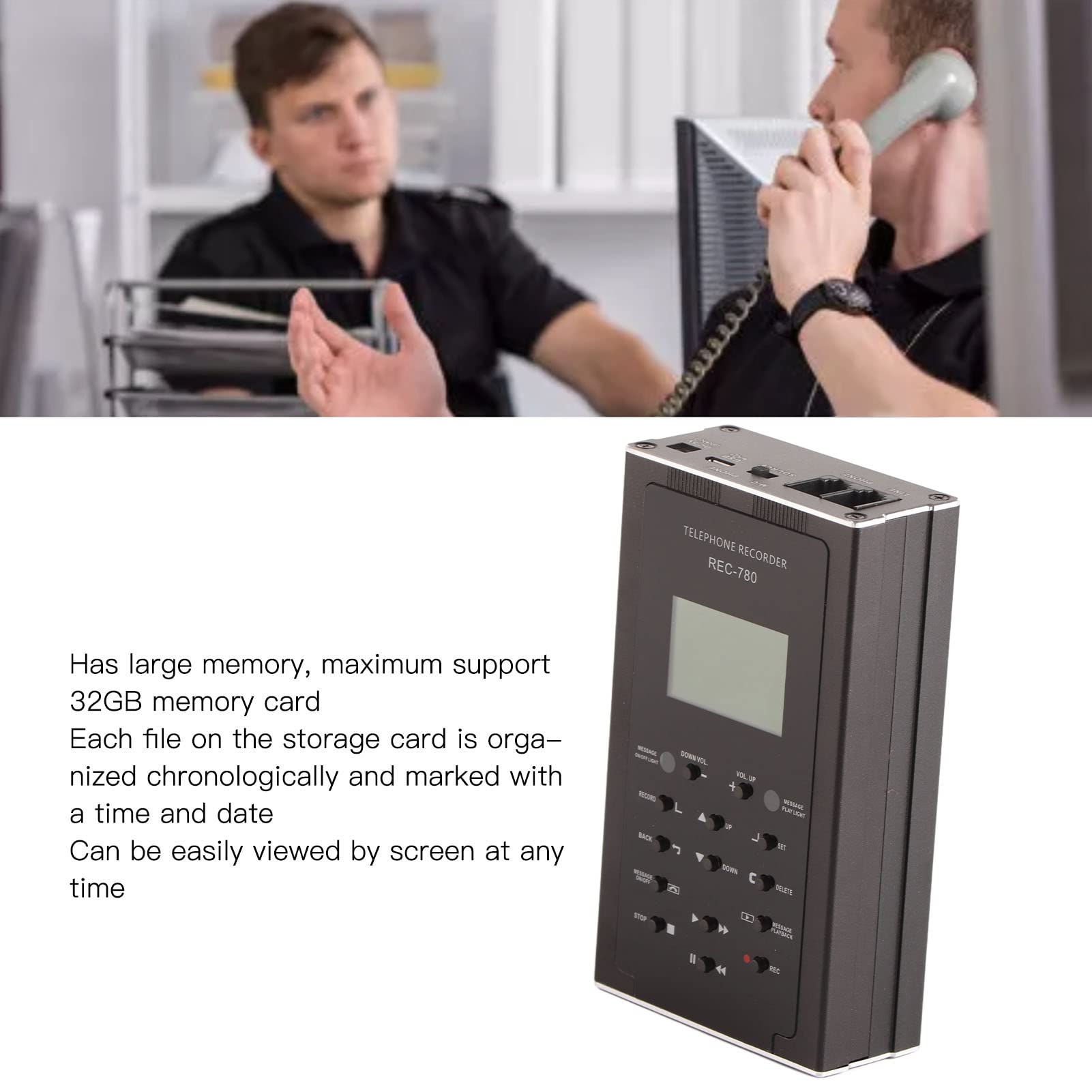 Automatyczne urządzenie do nagrywania rozmów telefonicznych z funkcją nagrywania w pętli Obsługa kart pamięci 32 GB Wyświetlanie godziny i daty dla analogowych/VoIP /