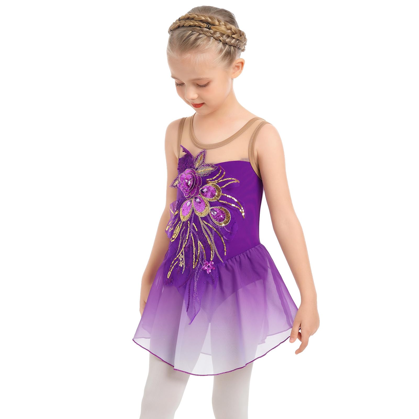 AFAVOM Figure Skating Dress for Girls Sequin Flower Mesh Ice Skating Dress Ballet Dance Leotard Dress Chiffon Skirted Ballerina Dancewear for Competition Stage Performance Costume Purple 11-12 Years