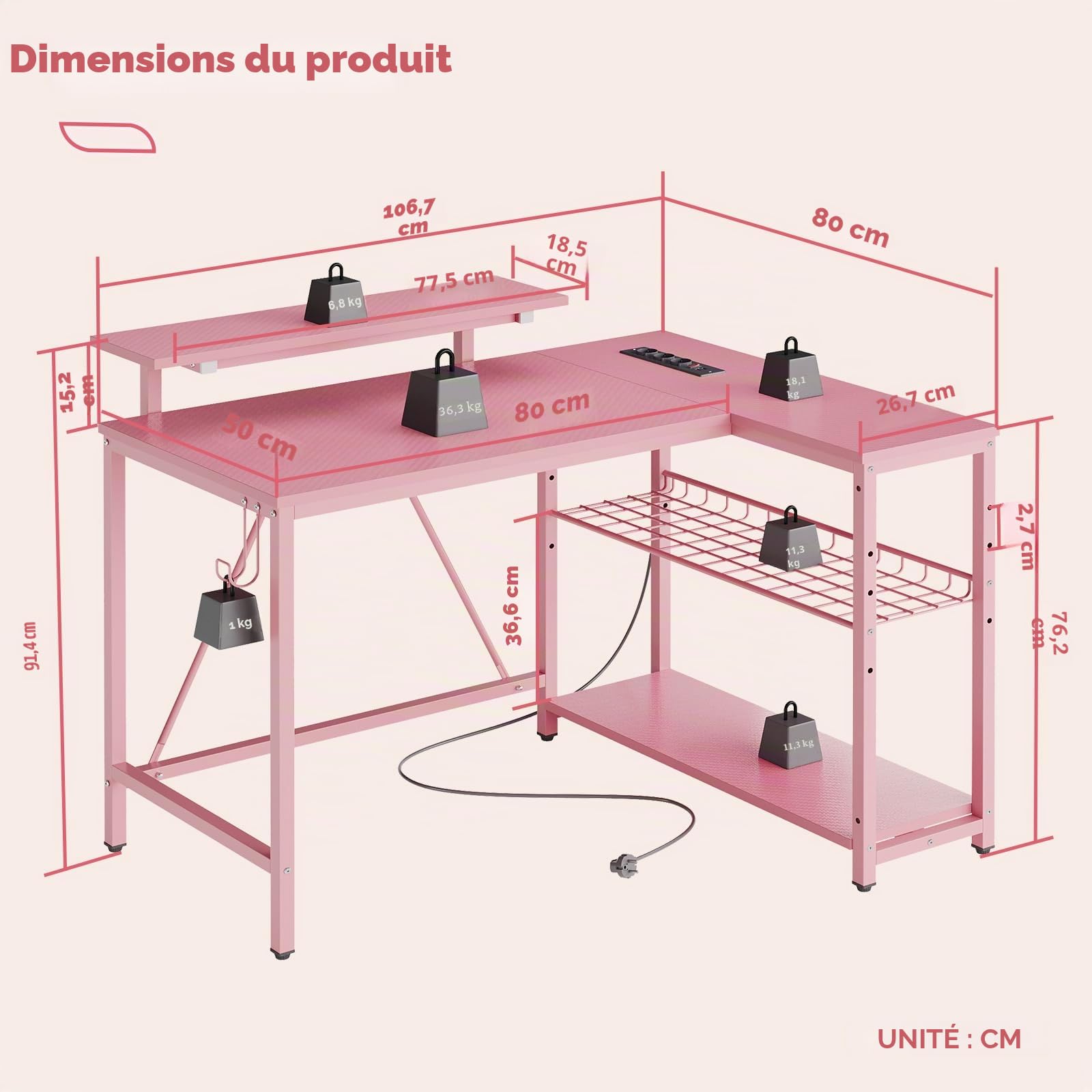 Bestier Petit Bureau Gaming en L 106 cm – avec Prise, Port USB, LED, Étagère & Support Moniteur, Réversible pour Chambre ou Setup Gamer, Rose