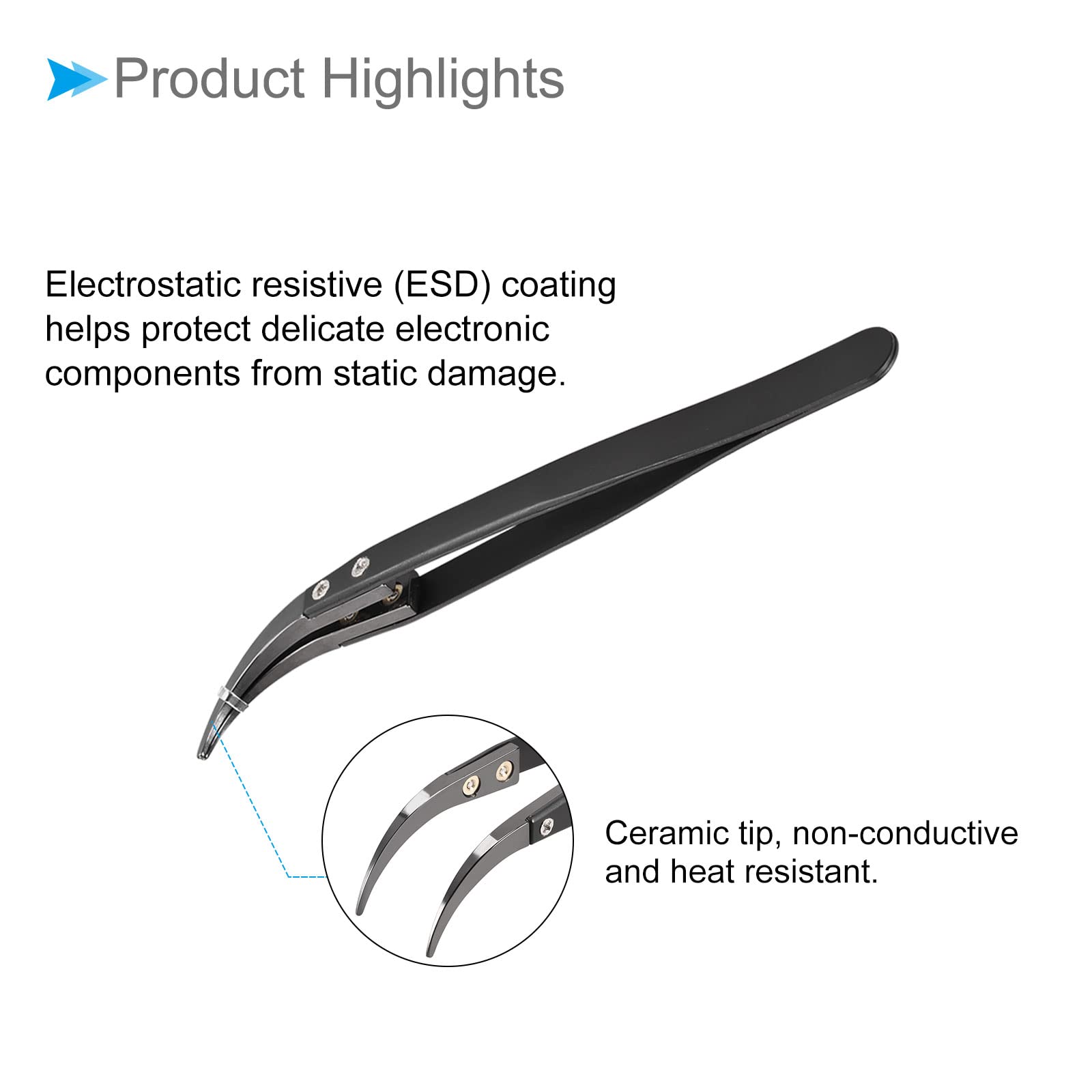 CoCud Stainless Steel Ceramic Tweezer Set, Non-Conductive Heat Resistant Pointed & Curved Tip - Image 4