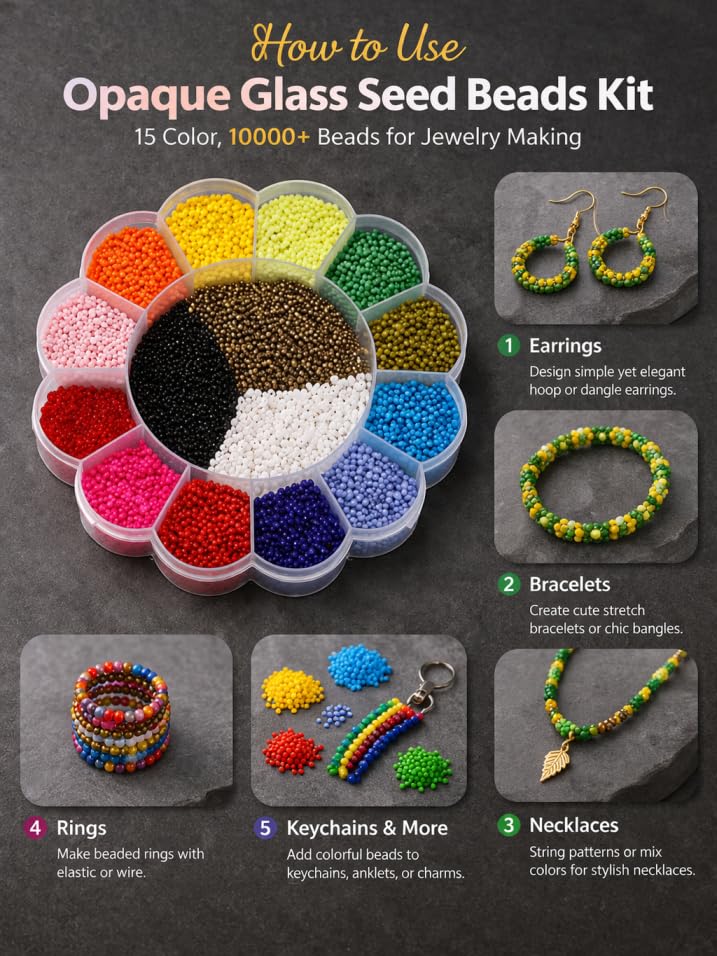 Image of Beadsnfashion Glass Seed Beads DIY Kit for Jewellery Making, Beading, Bracelet, Necklace, Embroidery and Art and Crafts, Size 11 /0 (2mm) (Neon & Opaque) for Girls and Kids
