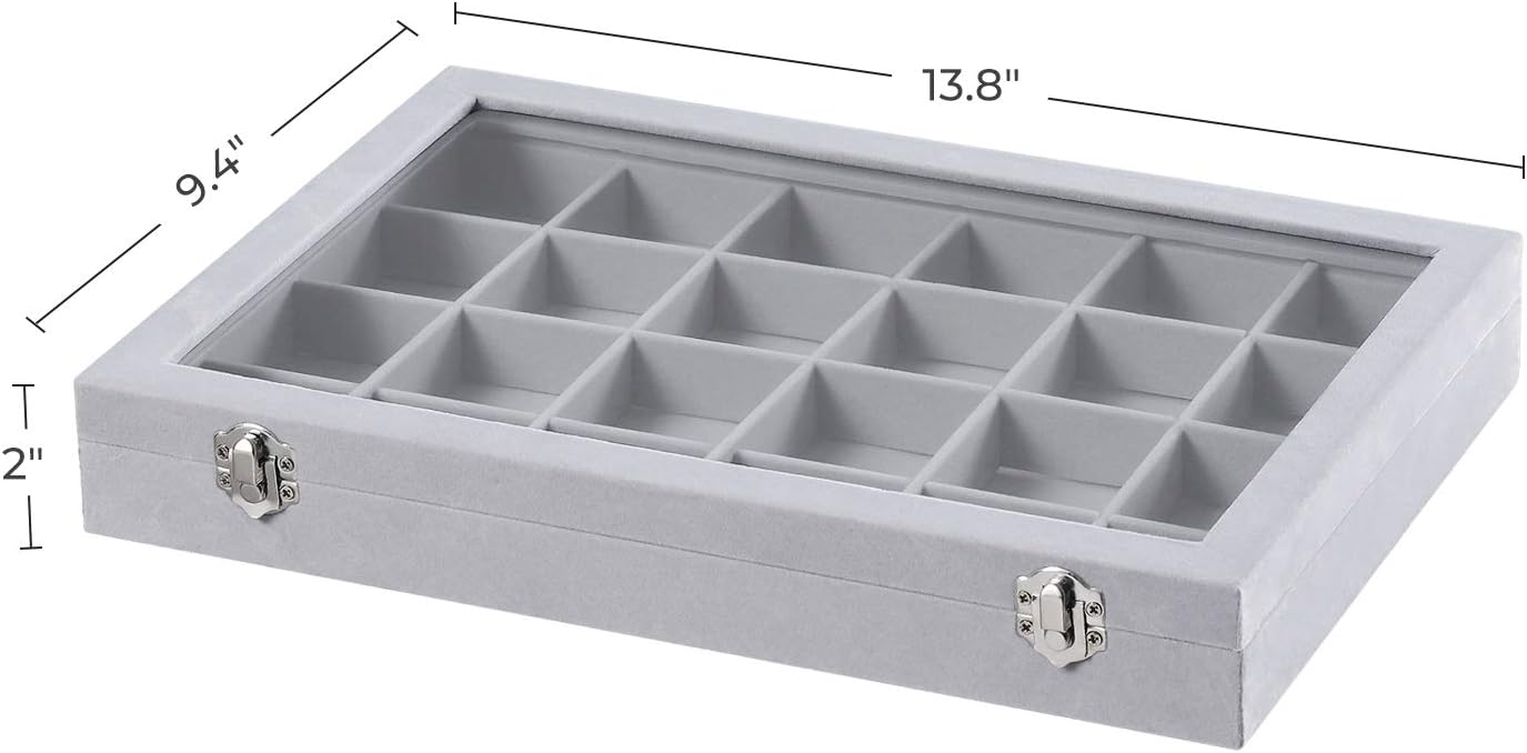 SONGMICS Jewelry Box Display Case with a Clear Glass Window and 24 Compartments, Gray : Everything Else