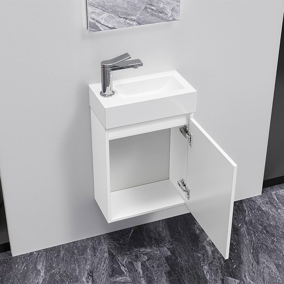 Belvit Badmöbel Set 40 cm, Handwaschbecken aus Kunstmarmor 40,5 x 22,5 cm, MDF Unterschrank grifflos mit Soft Close Tür umkehrbar, Spiegel, wandhängend, inkl Montagematerial, Weiß glänzend