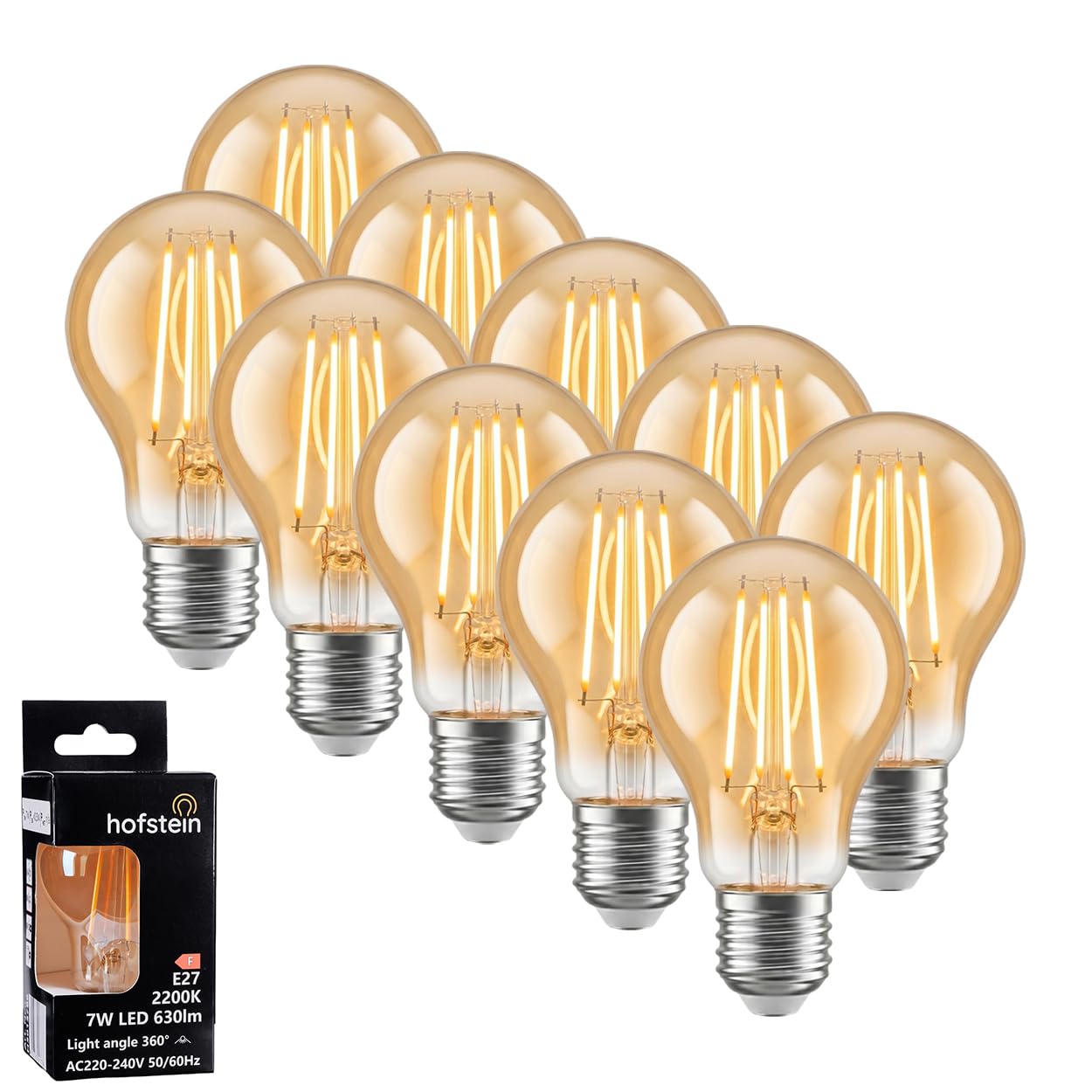 HOFSTEIN E27 LED Warmweiss Glühbirne E27 Vintage Leuchtmittel 10er Set 7 Watt 2200 Kelvin 630 Lumen A60 Für Dekorative Beleuchtung Im Retro Design
