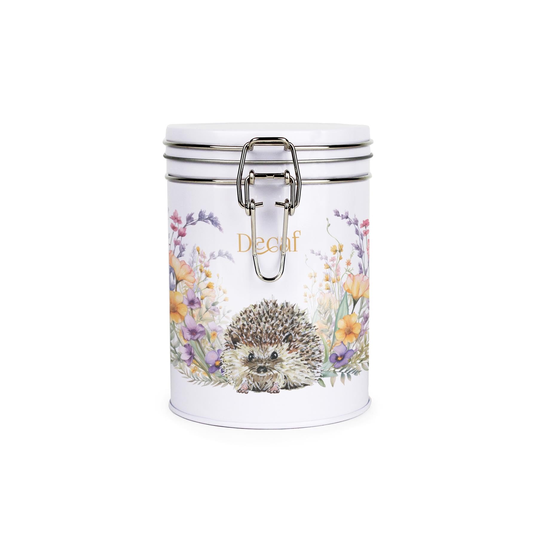 Purely Home Floral Hedgehog Decaf Canister - White Metal Clip Lid Kitchen Storage Jar/Container Gift 700ml (13cm x 9.5cm)