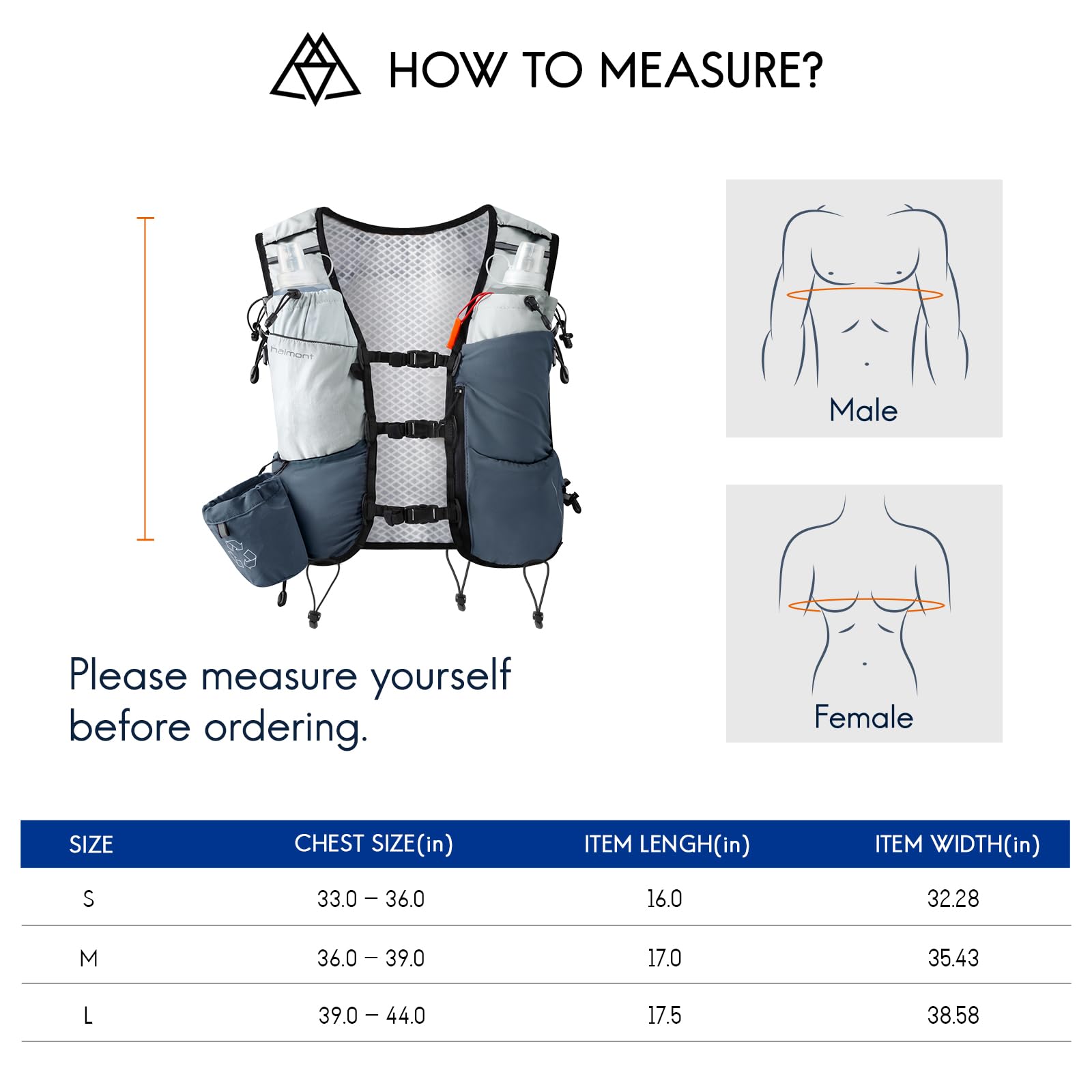 Haimont Gilet da corsa con borracce per donne e uomini, regolabile, leggero, 8 l, con fiaschette morbide, per trail running