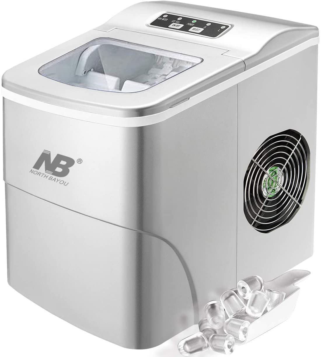 NB North BayouIce Maker Machine with Durable Compressors, 9 Cubes Ready in 8 Mins, Make 12Kgs Ice in 24 Hrs, Large or Small Ice Selectable,Fits Restaurants, Bars, Includes Scoop and Basket (Silver)