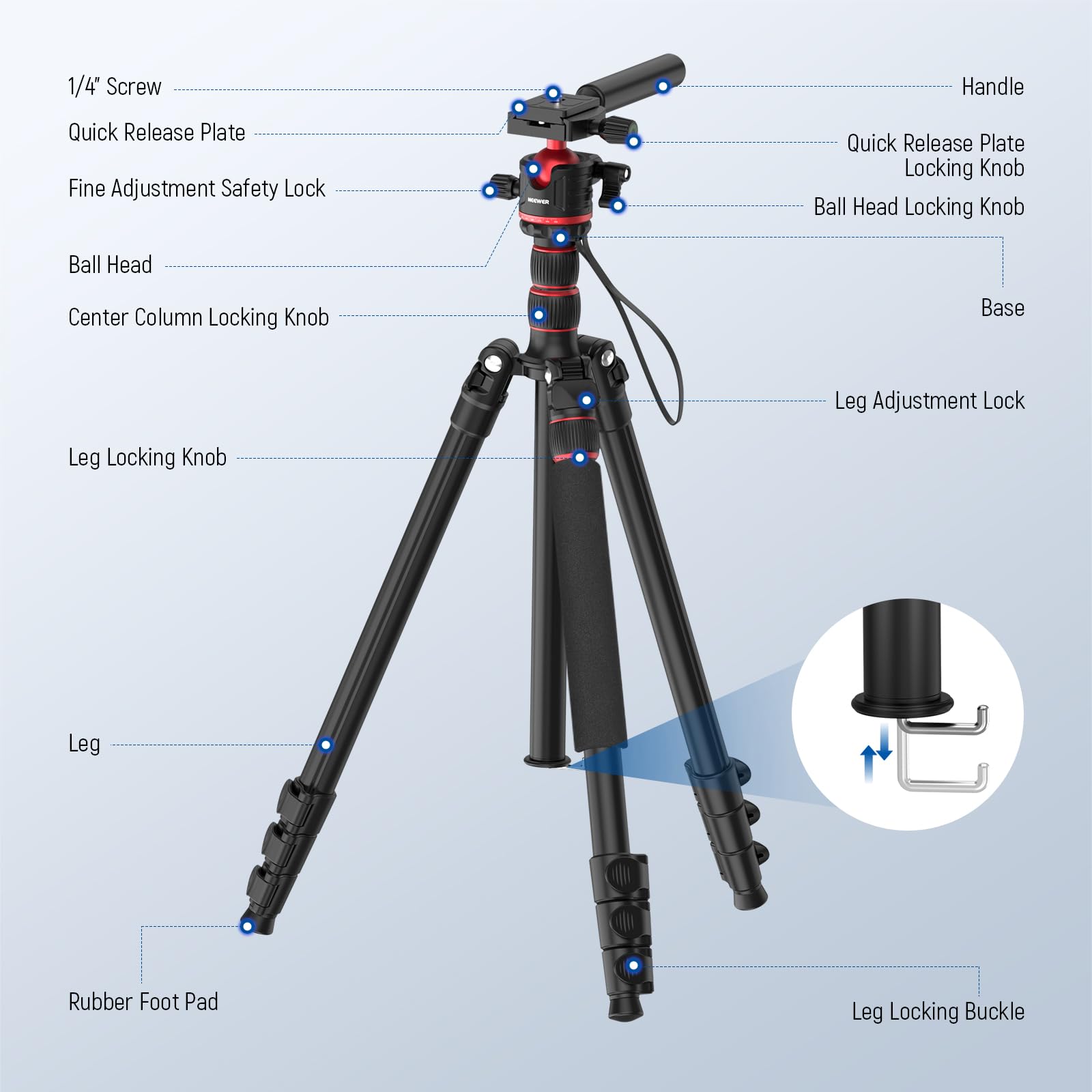 NEEWER Basics TP08 - Trípode para cámara réflex Digital (77", Cabezal esférico de 360°, Cabezal de Bola de 360°, Placa de liberación rápida, Eje Central invertido y 2 paños de Limpieza, Carga máxima