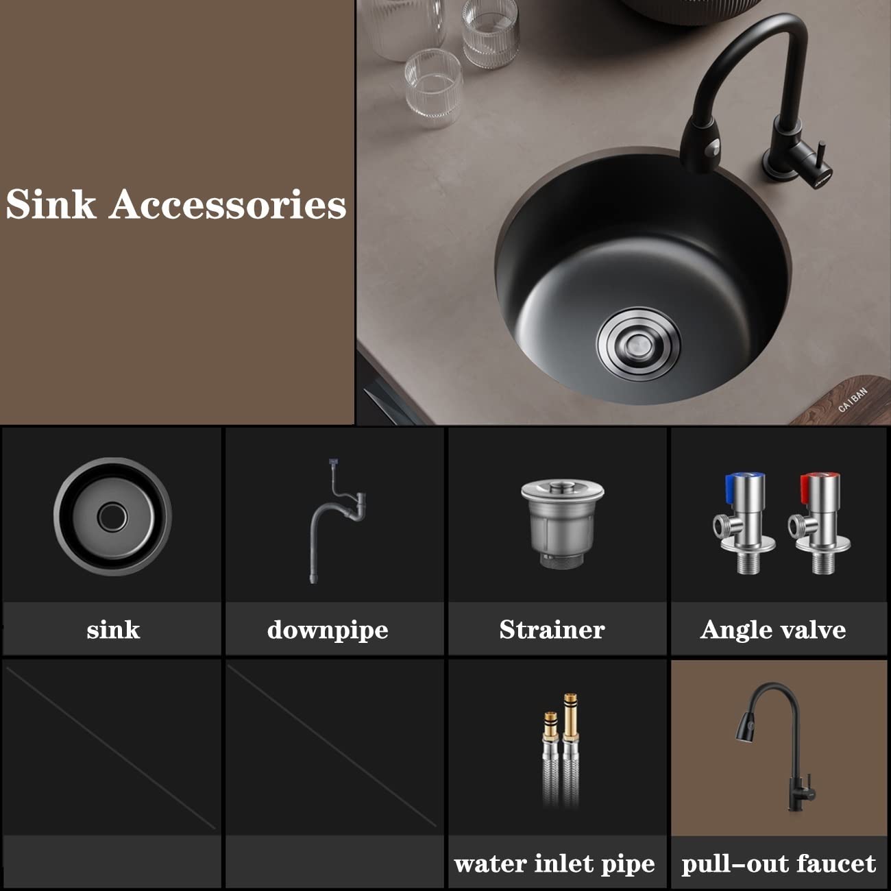 Lavello a barra singola in acciaio inox nero, per cucina, hotel, ufficio, dispensa, con tubo fognario, balcone, tavolo da bagno (nero, 36 x 36 cm)