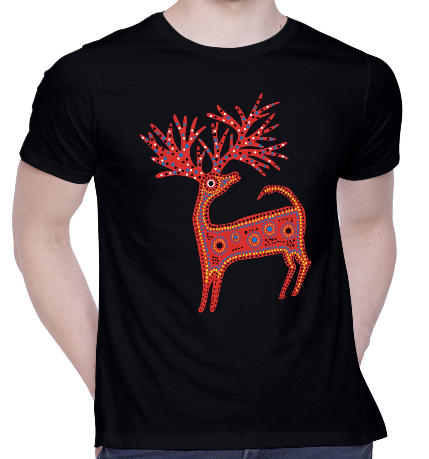 CreativiTGraphic Printed T-Shirt for Unisex Tribal Art Deer Tshirt | Casual Half Sleeve Round Neck T-Shirt | 100% Cotton | D00042-5