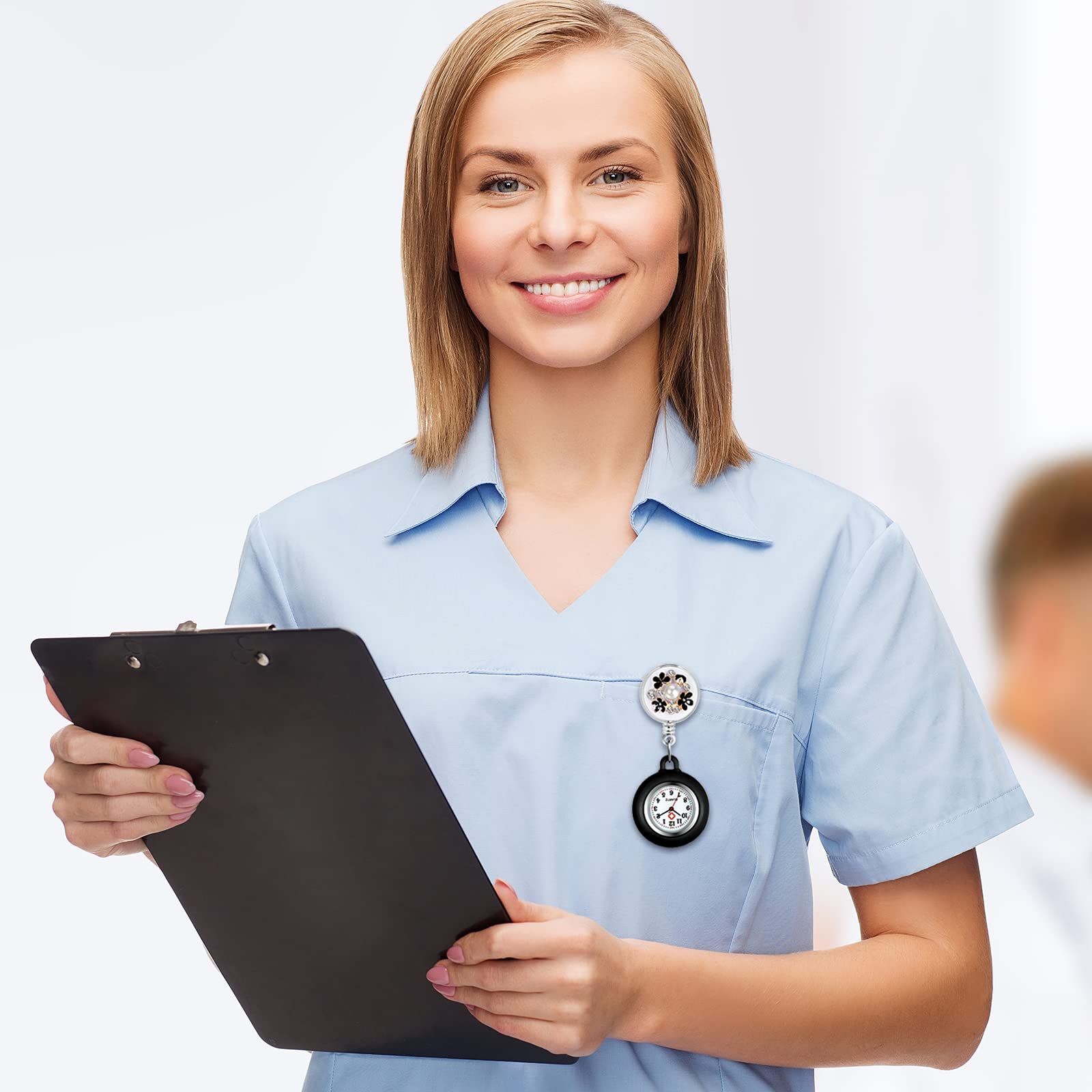 Lancardo Retractable Nurse Watch Clip On Pearl Flower Patterns Badge with Secondhand Stethoscope Lapel Fob Pocket Doctor Nurse for Women and Men