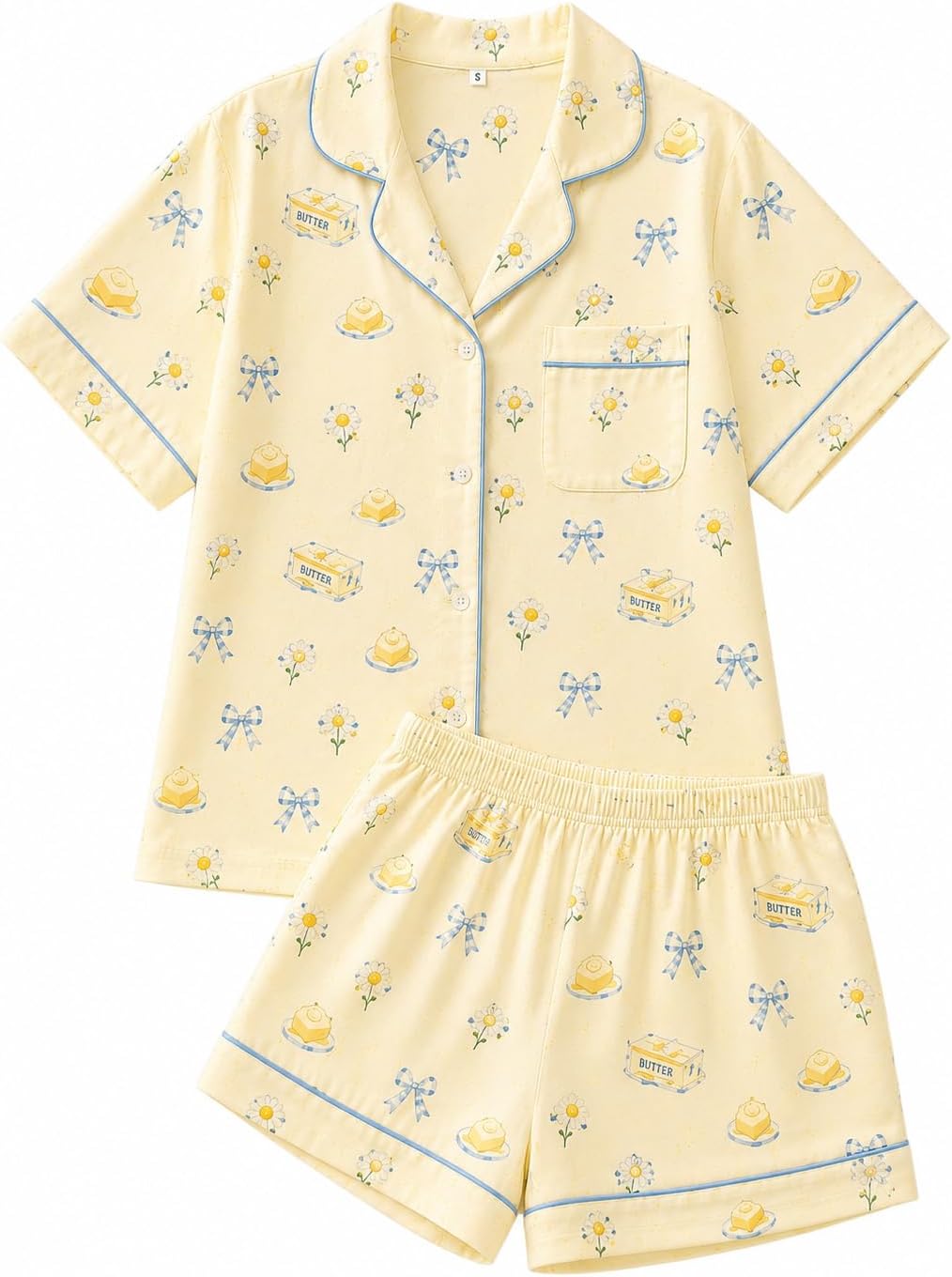 Pajama Sets for Women Butter Bow Print Sleepwear Short Sleeve 2 Piece Pj Nightwear Soft Lounge Sets