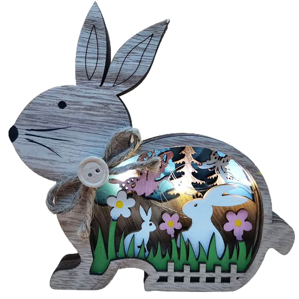 NetHong Wooden Easter Decor Bunny Ornaments with Led Lights Easter Luminous Hollow Rabbit Tabletop Decor for Home Office Desk