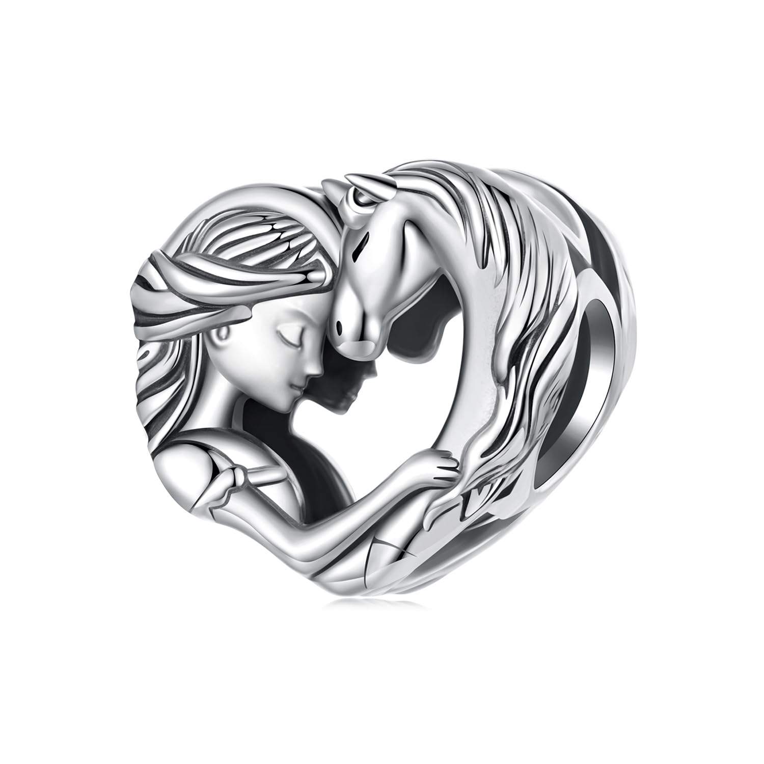 Ciondolo Cavallo con Cuore per Ragazze Argento 925，Charme Cavallo e Ragazza a Cuore，Charm Bracciali Europei，Regalo Natale per Figlia, Madre o Amanti degli Animali