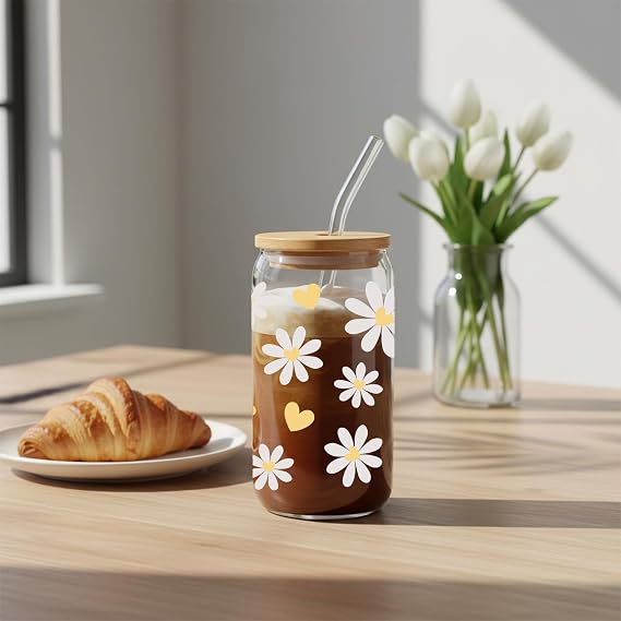 Daisy Ice Coffee Cup, Sunflower Gifts for Women Girls, 16oz Cute Glass Cups with Lids and Straws for Birthdays, Thanks Gift, Sister, Best Friend, Cocktails, Summer Party