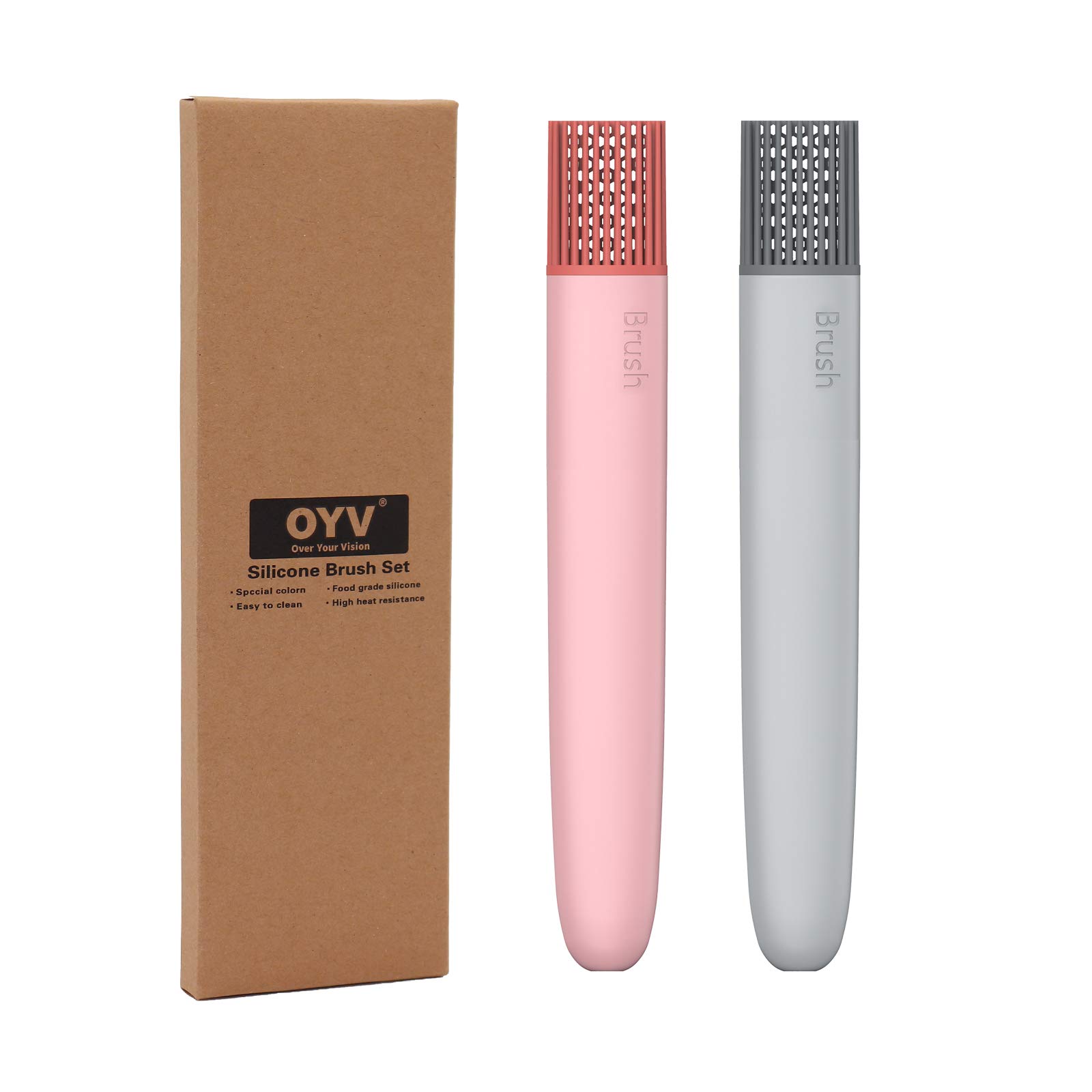 OYV Pastry Brush, Basting Brush BBQ Sauce Marinade Meat Silicone Oil Brush Heat Resistant Food Grade Cooking Brush for Baking, Cooking, Marinade, Sauce, Steaks (Gray+Pink)