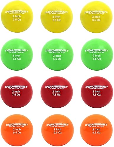 PowerNet Corbin Carroll - Juego completo de 12 pelotas de entrenamiento con peso de 2 pulgadas, 4 pesos, mejora la coordinación mano-ojo, tamaño de