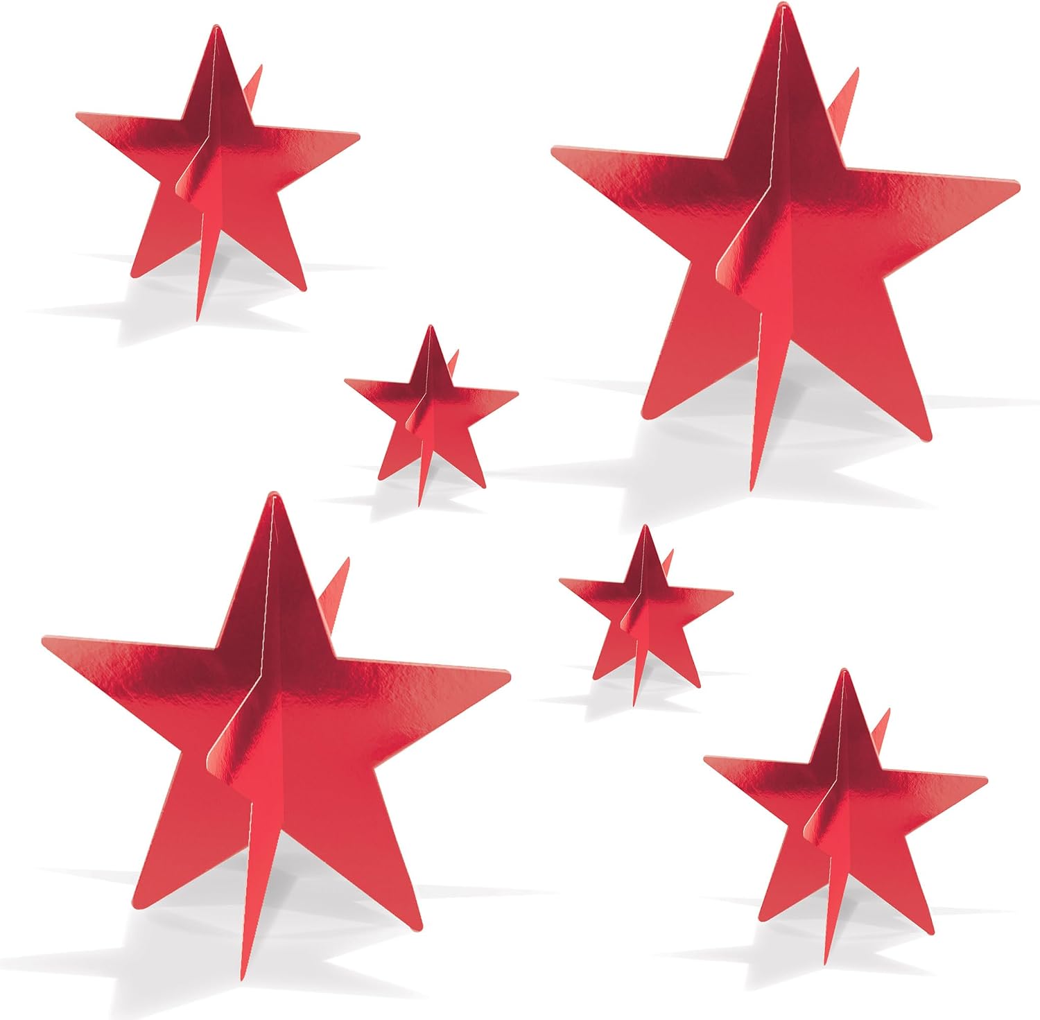 Beistle Red 3-D Foil Star Centerpieces – 6 Pack, Metallic Dimensional Table Décor, Freestanding Star Accents for Patriotic Events, New Year’s Eve, Birthdays, Banquets, Celebrations & Themed Displays
