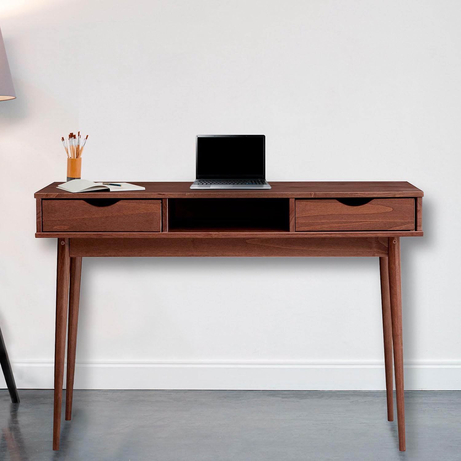 IDIMEX Bureau Stefano en pin Massif avec 2 tiroirs et 1 Niche intégrée lasuré Brun foncé