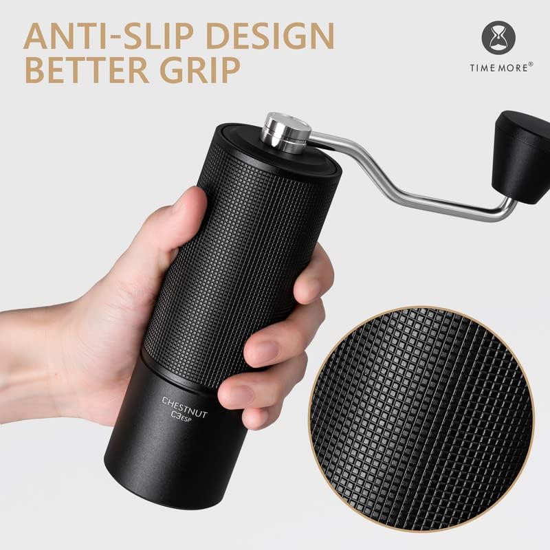 Hand holding the TIMEMORE C3 ESP coffee grinder, highlighting its anti-slip textured body.
