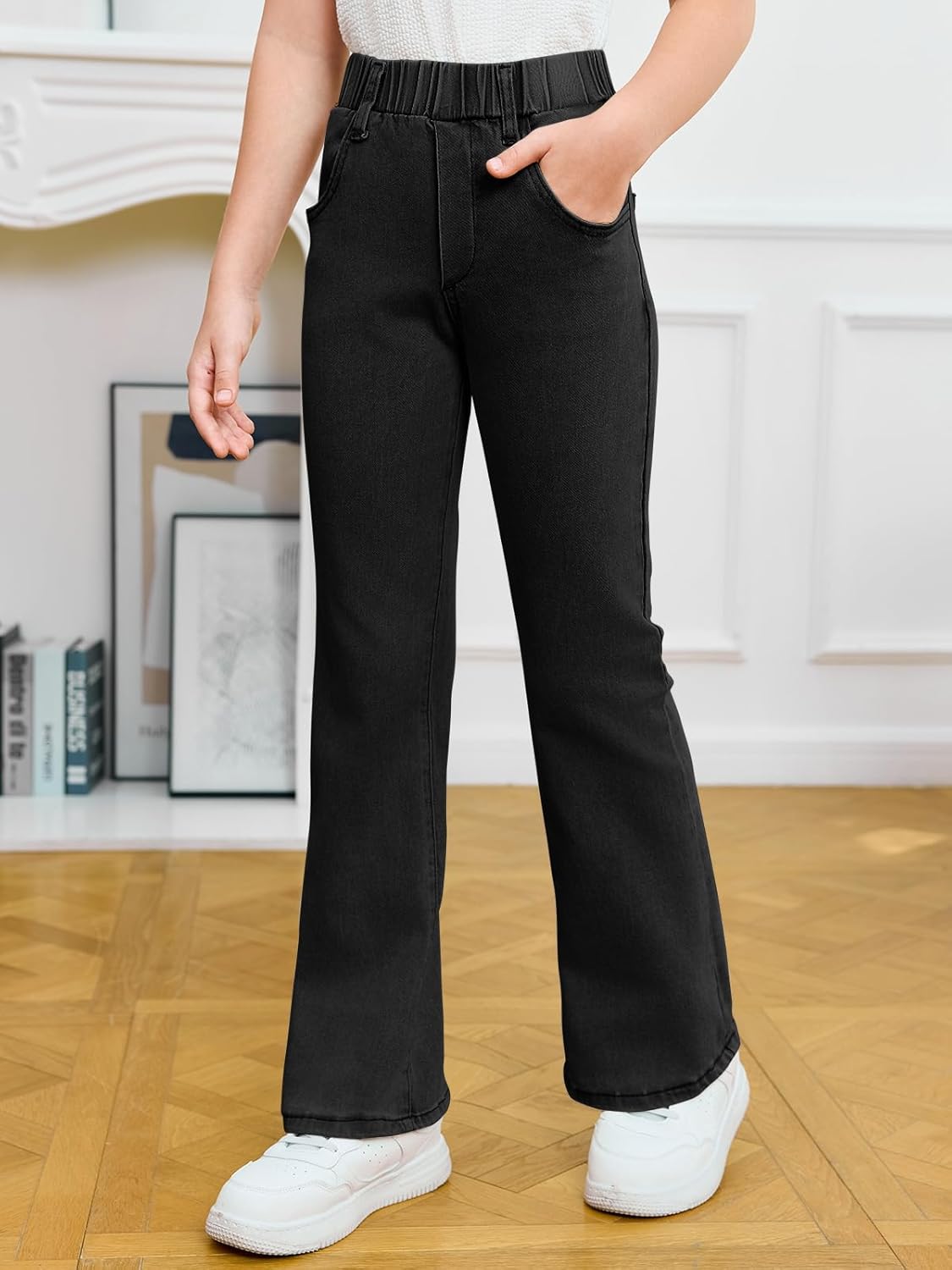 Haloumoning Girls Flare Jeans Kids Fashion Stretchy Denim Pants Bell Bottoms with Pockets - Image 3