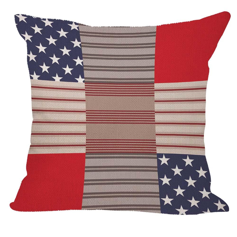 Orythyra Stars and Stripes Cushion Cover 45x45cm Patriotic Streaks American Flag Pattern Cotton Linen Pillow Cover Decorative Throw Pillows Farmhouse Decor for Home Cushion Case 18x18 Inch