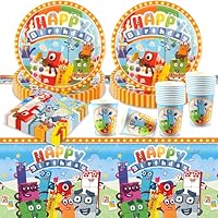 61 Pcs Blocks Birthday Decorations, Party Decorations Party Supplies Paper Plates Cups and Tablecloth, Kids Tableware Set for 20 Guests