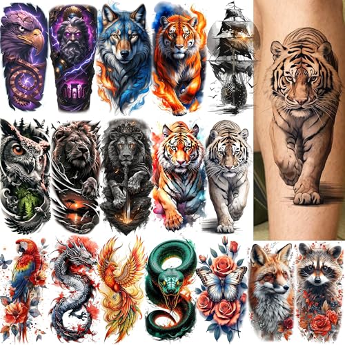 Image of 17 Sheets Unique Watercolor Lion Tiger Animals Temporary Tattoos For Men Women Half Arm Forearm Tattoo Sticker, Realistic 3D Dragon Snake Phoenix Fake Tattoo Sleeve For Adults Body Art Long Lasting