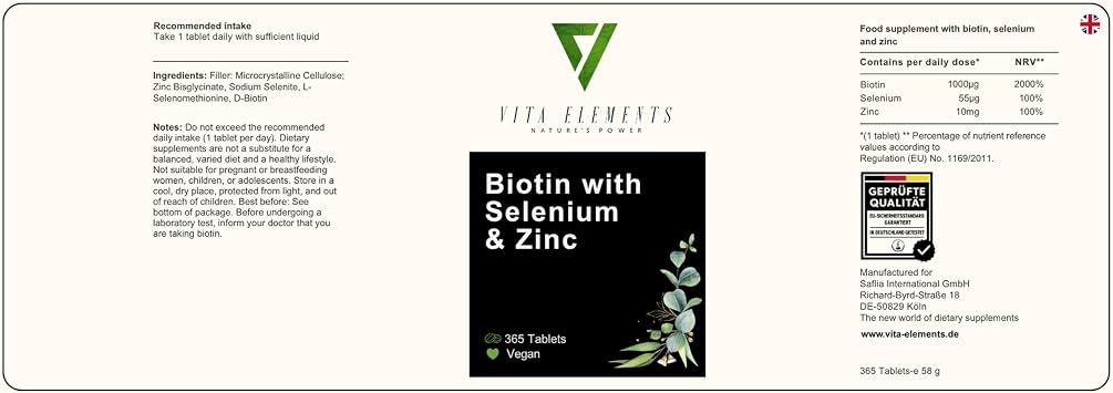 Vita Elements Biotin Selenium Zinc Complex - 365 Tablets - One-Year Supply