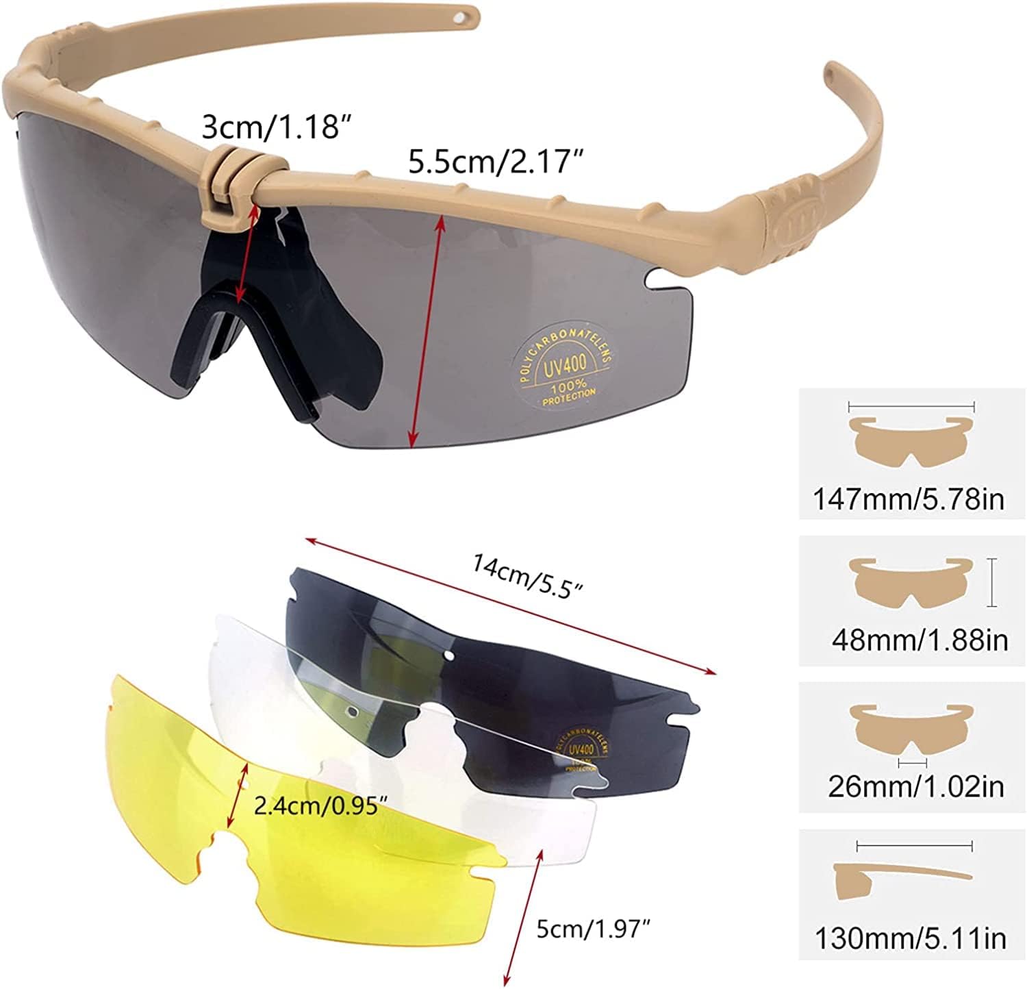 FOCUHUNTER Tactical Glasses, Shooting Safety Glasses, Anti Fog UV400 Protection Sunglasses with 3 Interchangeable Lens - Image 3