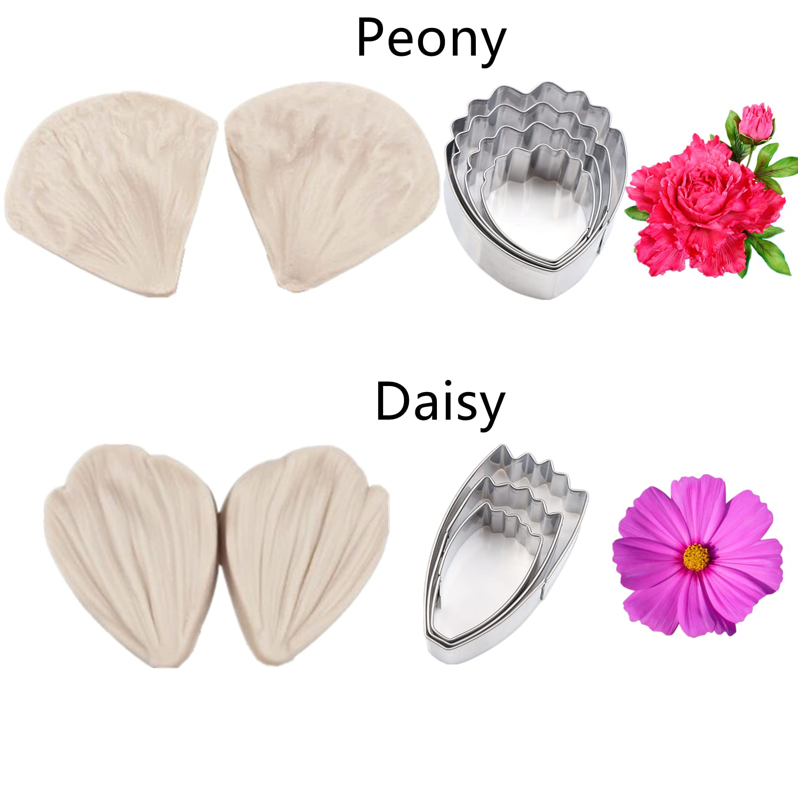 60 Stück Blütenpaste, Blumen- und Blatt-Werkzeug, 6 Set Fondant-Blumen-Silikonformen, 6 Set Gummipasten-Schneider, 20 Stück Zuckerpaste, Modellierwerkzeug, 6 Pinsel, 1 x Blütenblatt-Blätter,