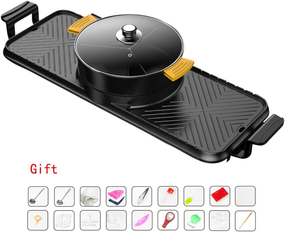 YJIUJIU Electric Shabu Shabu Hot Pot with BBQ, Portable Electric Grill Indoor Barbecue Non-Stick Coating Surface Easy Cleanup Cooking Surface, 2200W,A