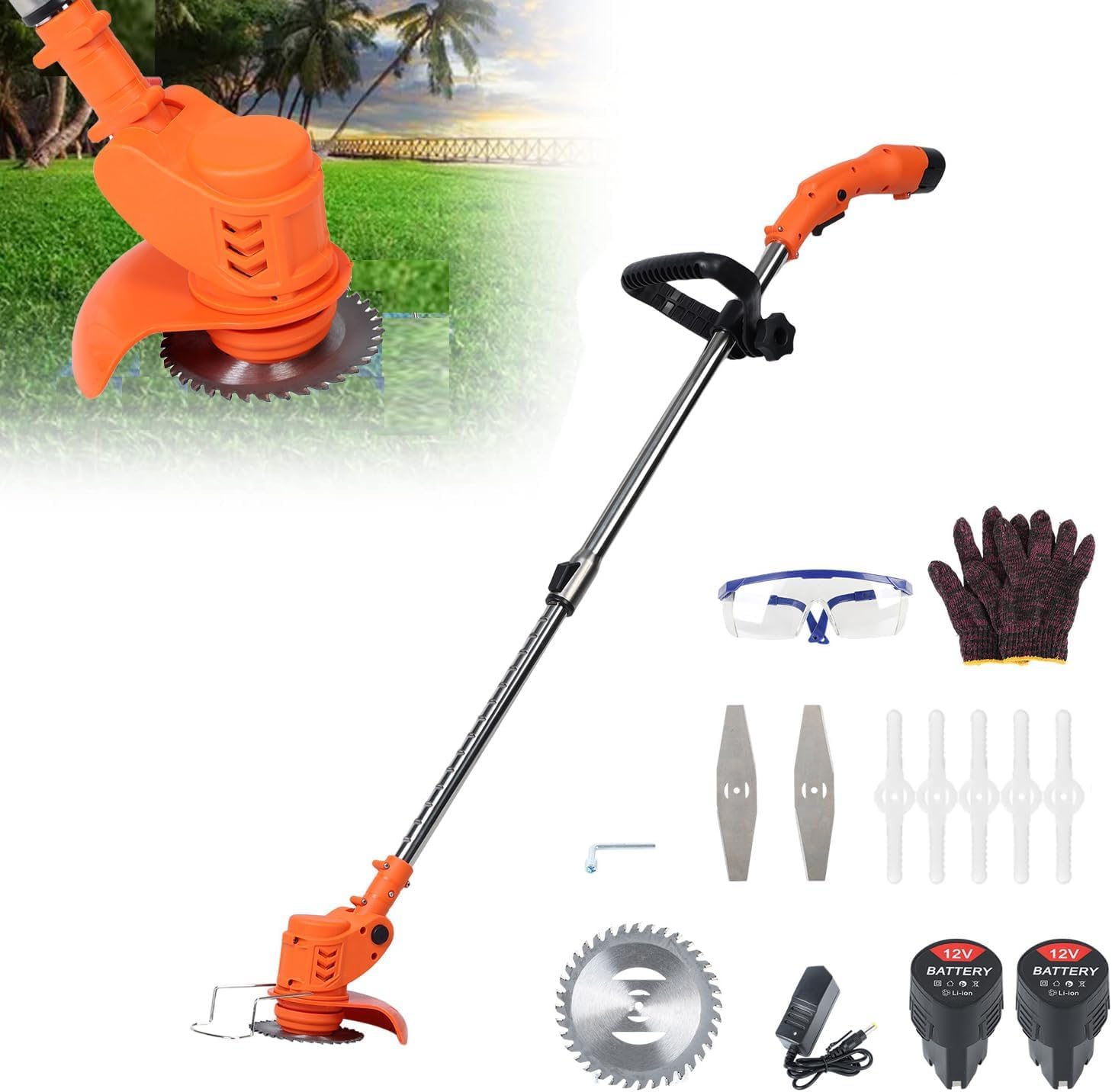 Cordless Strimmer, Telescopic Lightweight Grass Trimmer with 3xMetal Blades & 5xPlastic Blades, 2 x 2000mAh Battery, Electric Garden Strimmer Grass Cutter for Lawn Edger Pruning Weed Orange