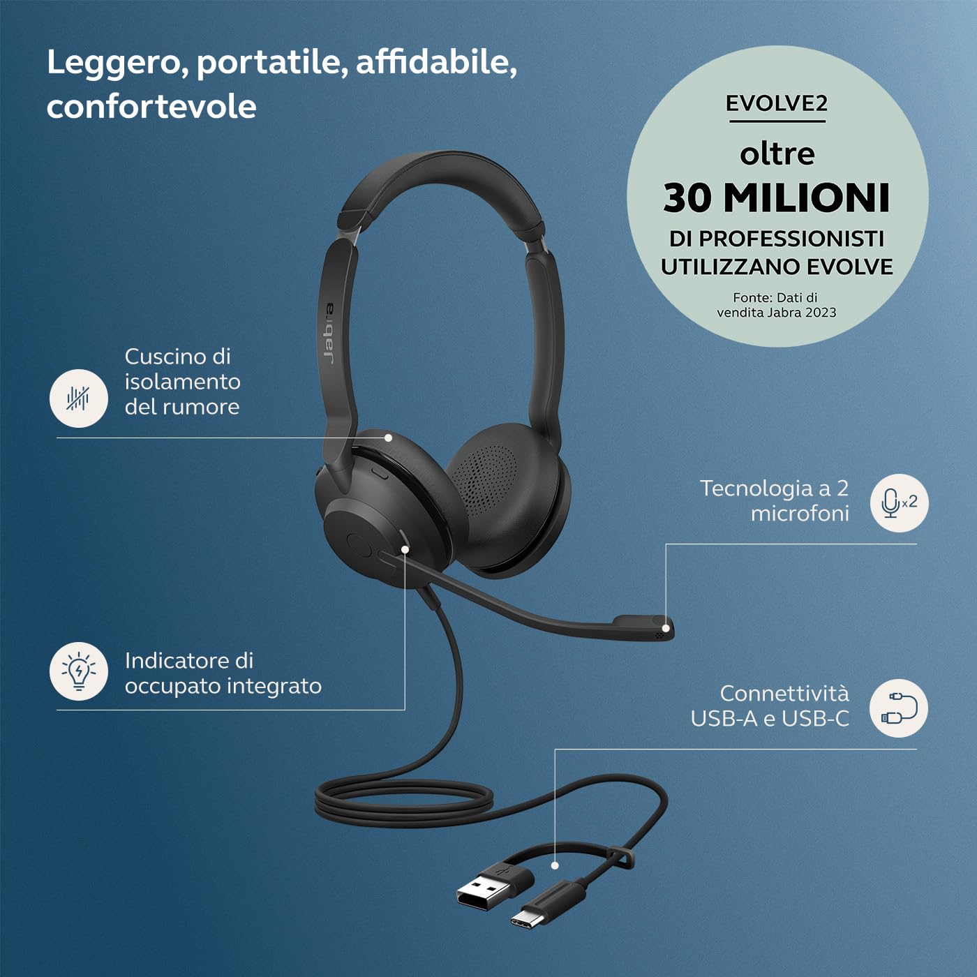 Jabra Evolve2 30 SE - USB-A/USB-C - cuffie a doppio filo certificate per piattaforme UC