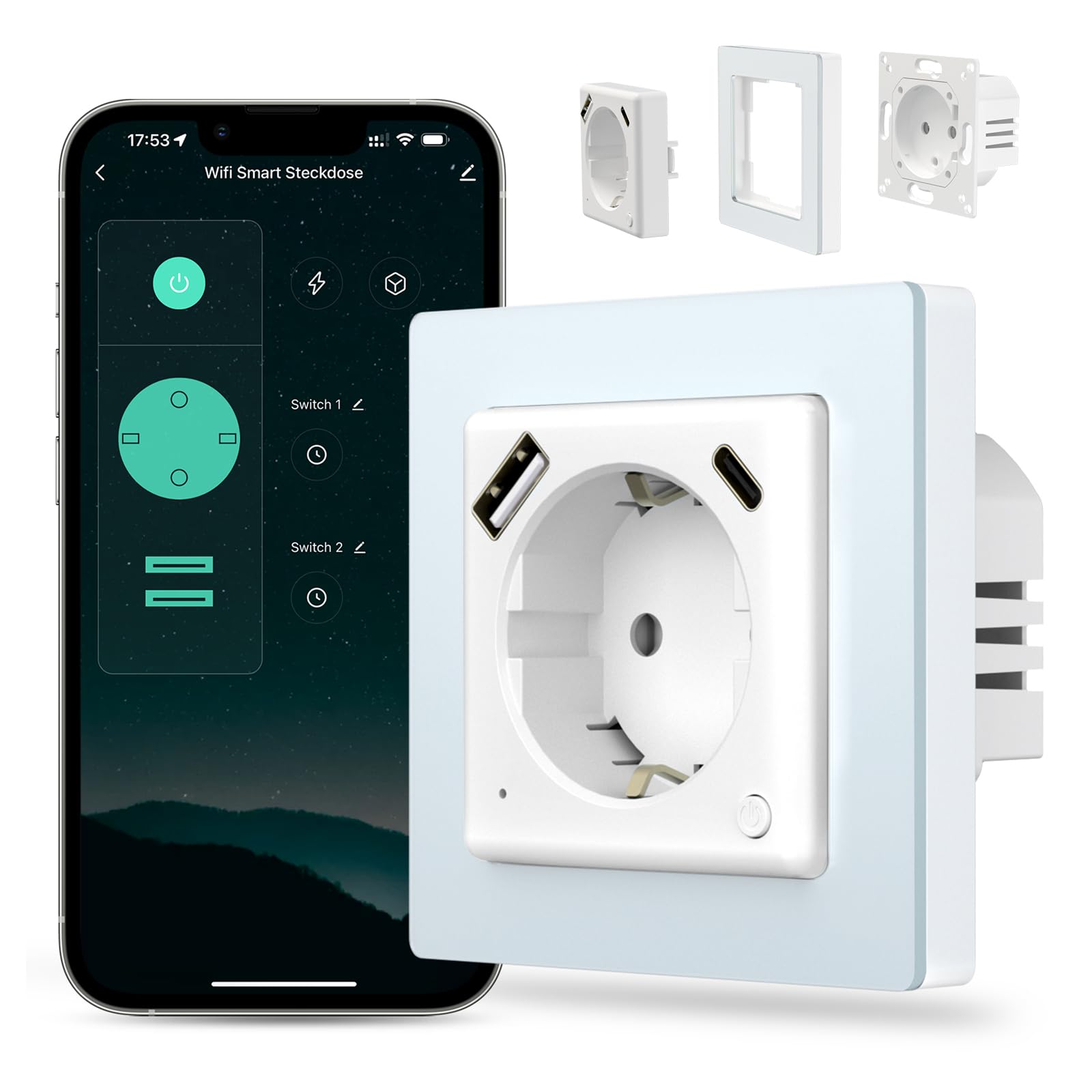 MIUCDA Prise Schuko Wi-Fi avec USB et type C PD 20 W, chargeur rapide, système intelligent encastré 55, prise murale avec mesure de courant, minuterie, commande vocale compatible avec Alexa/Google