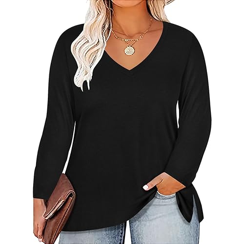 RITERA Womens Plus Size Tops Long Sleeve Shirts V Neck Tunics Fall Casual Pullover Loose Fit Basic Tshirt XL-5XL 14W-28W