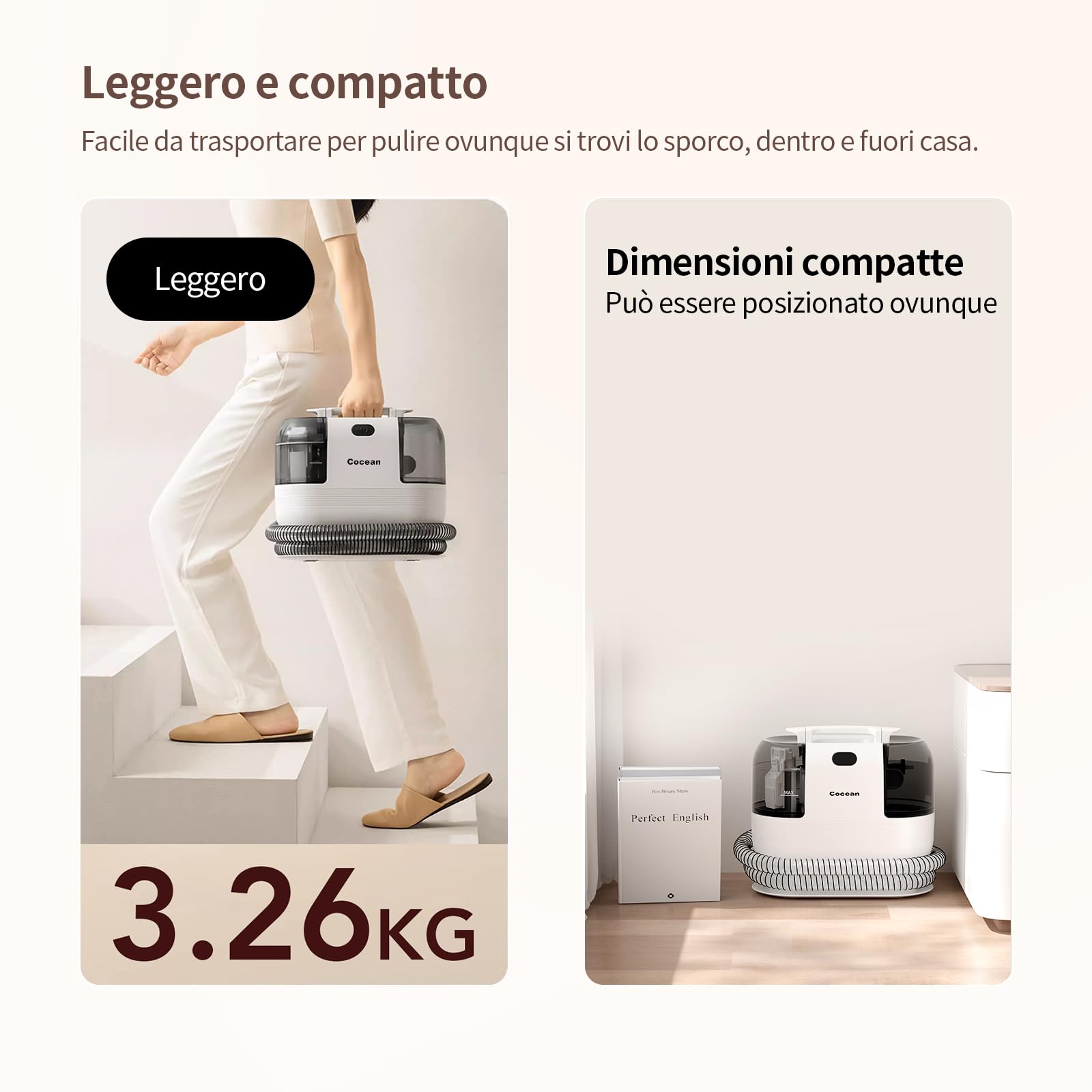 COCEAN Lavatappeti Detergente per Tappezzeria, Lavatappeti e Divani Lava e Asciuga, 500 W, Aspirapolvere Compatto per la Pulizia Profonda Delle Macchie, Bagnato per Tappeti, Auto, Animali