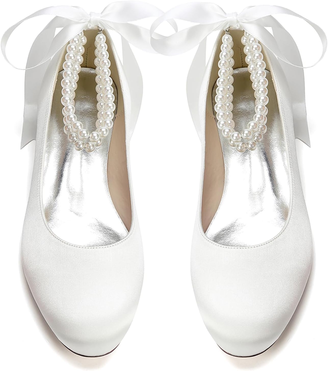 Women's Satin Ballet Flats with Pearl Ankle Strap & Silk Ribbon Bow - Comfortable Round Toe Low Heel Pump for Wedding, Bridesmaid, Prom & Evening Party