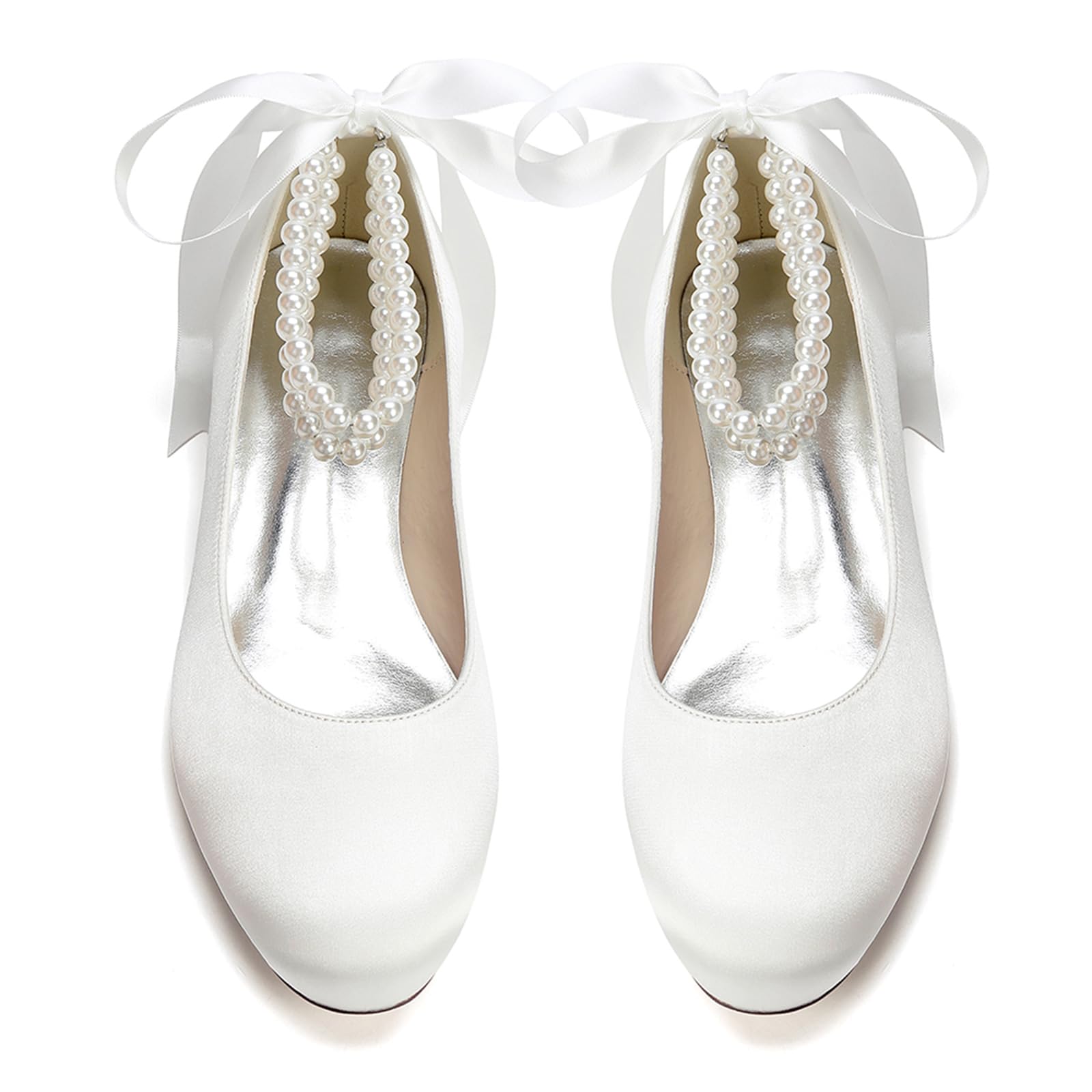 Ballerine da Sposa Basse da Donna in Raso Perle Punta Tonda Scarpe da Sposa per Matrimonio Feste