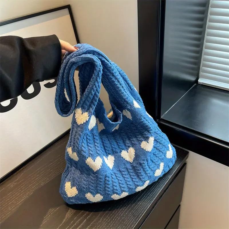 Bolso tote tejido de gran capacidad con diseño de corazón rojo - Bolso casual para hombro y playa para mujeres, ideal para uso diario, bolso tote casual, azul miniatura 1