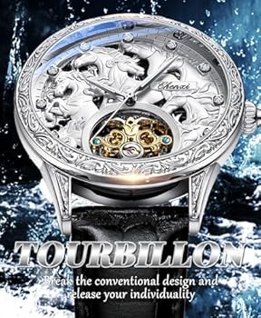 Forsining Retro Watch for Men Carved Self-wind Mechanical Tattoo Tourbillon Moon Phase Independent Seconds Skeleton Automatic Big Dial Watches, SILVER, siliver, strappy