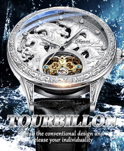 FORSINING Men's Gold Luxury Tourbillon Watch Tiger Carved Moon silver - Image 4