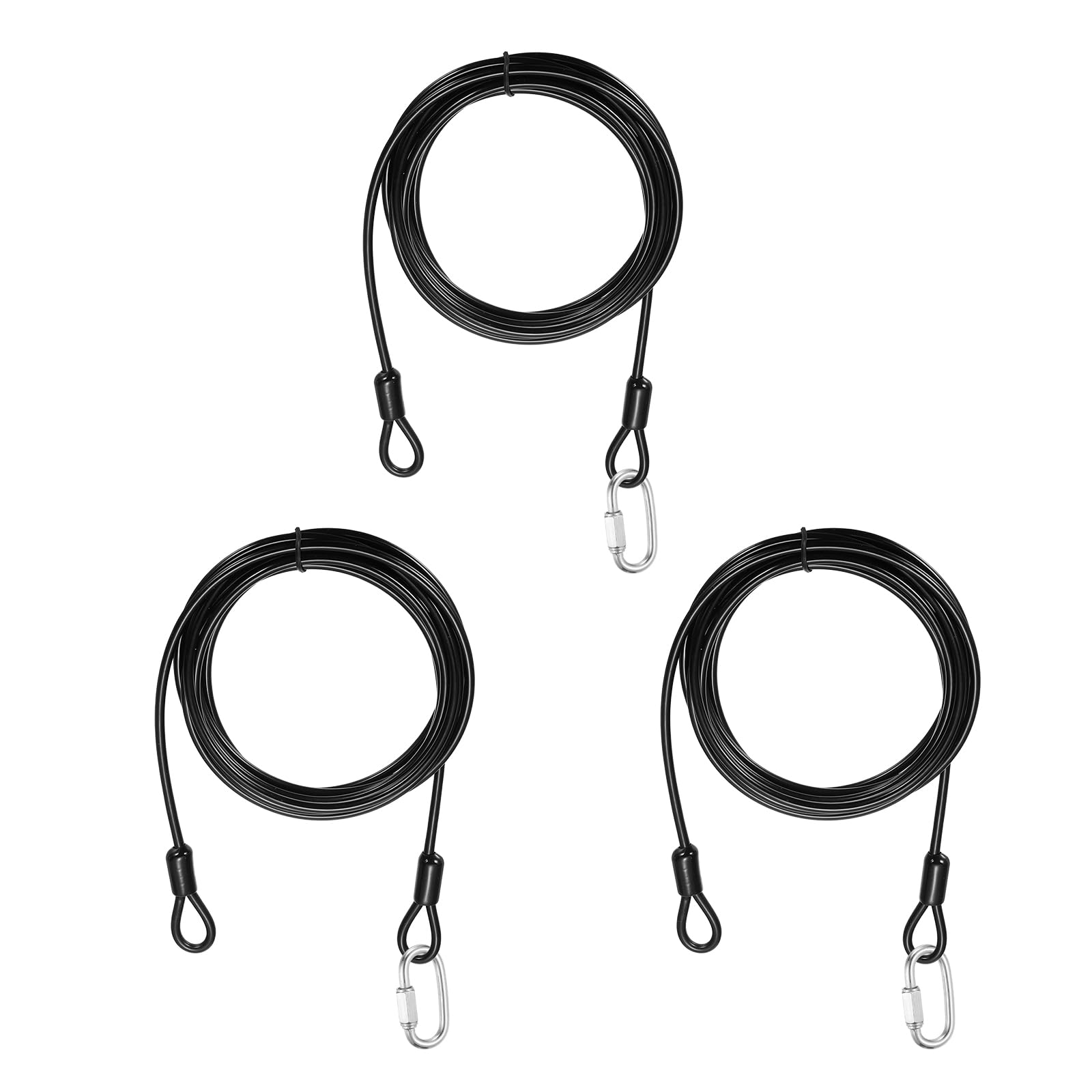 PATIKIL Security Cable Lock (4mm x 3 Meters, 9.8ft, Black)(3 Set) Vinyl Coated 304 Stainless Steel Double Loop Flexible Wire Rope Safety Cable with Quick Links Locking Connectors