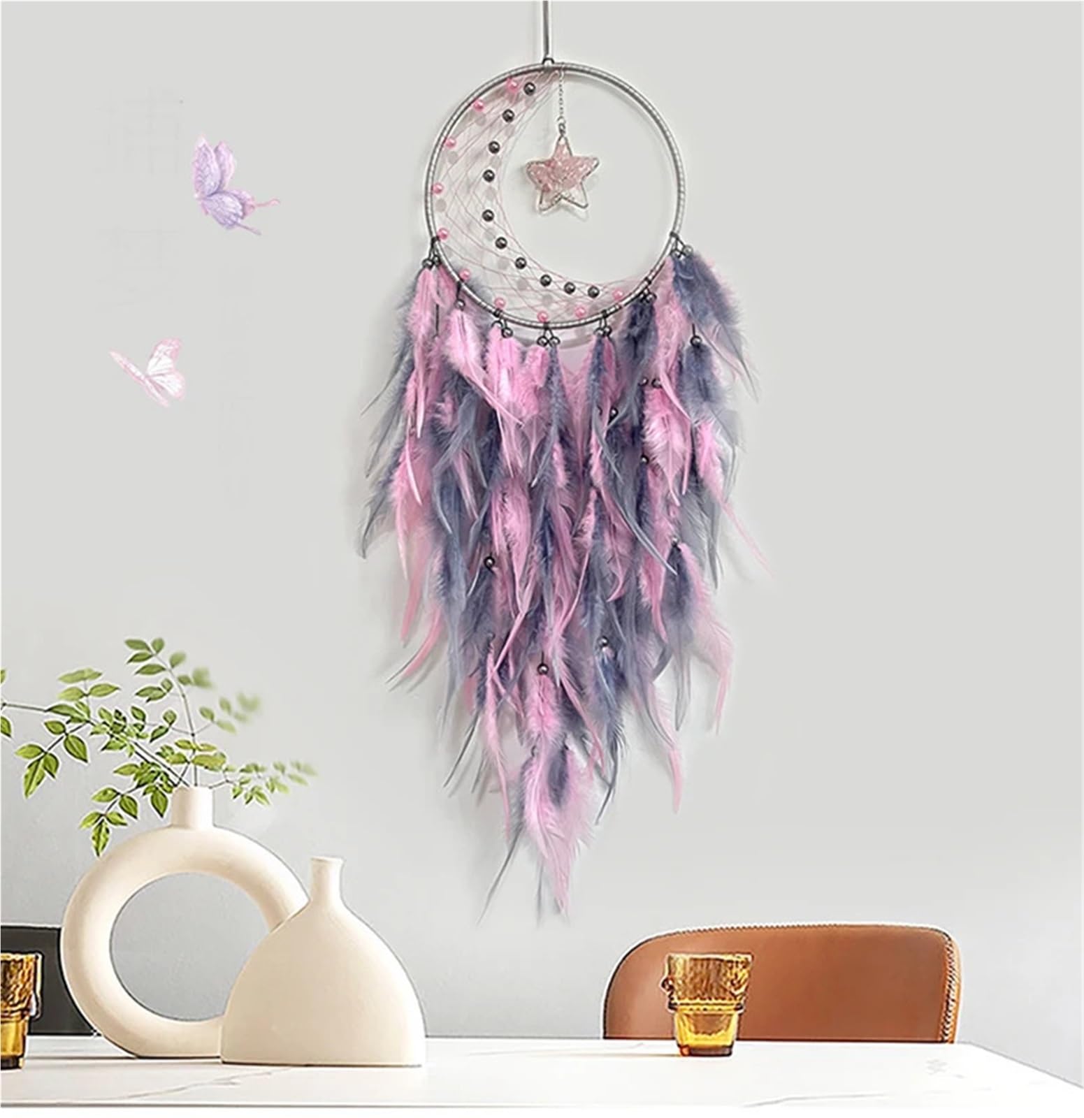 Acchiappasogni 2 pezzi di acchiappasogni soggiorno ornamenti appesi decorazioni for la casa con ciondolo a vento piume realizzate a mano(Pink)